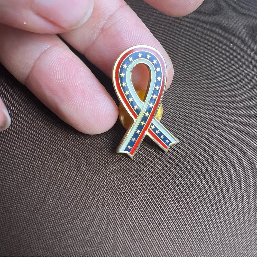 Vintage Patriotic Ribbon Enamel Pin – Red White Blue Stars – Awareness Lapel Pin